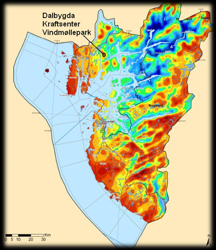 Kartet over er et vindkart for Rogaland, som viser middelvindstyre. Dette kartet er utarbeidet for NVE og Rogaland Fylkeskommune.