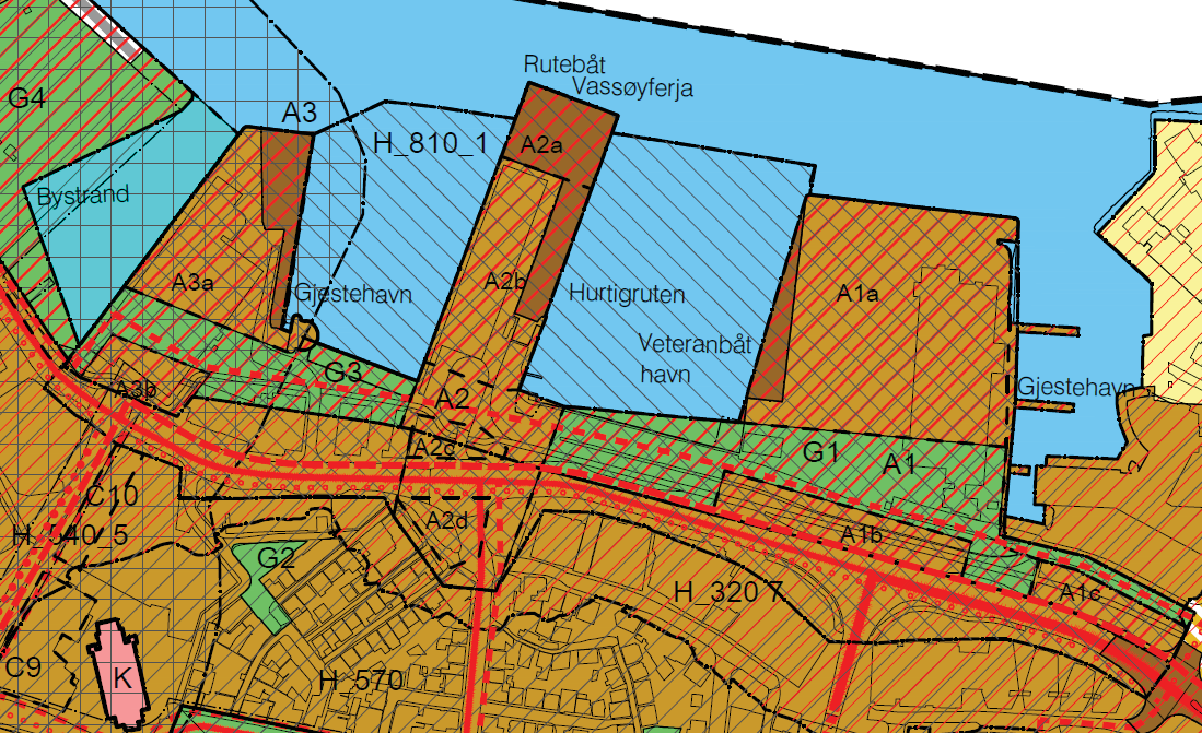 51 planprogram for bestemmelsesområdene A1, A2 og A3. Felles planprogram er angitt som plankrav i bestemmelsene. Valget av type plankrav er nærmere omtalt i kapittel 3.1. Figur 39: Utsnitt plankart