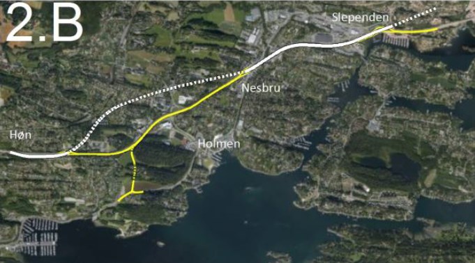 I alternativ 2B vil E18 følge dagens trasé mellom Hønsjordet og Haga. Her vil det være 3 felt i østgående retning, og 4 felt i vestgående retning.