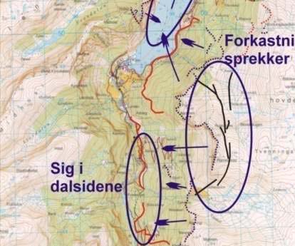 Skredsikring Joasetbergi Et fjellparti er i bevegelse potensiell skredfare Det er Aurland kommune som er ansvarlig for å kartlegge rasfare og utrede begrunnelsen