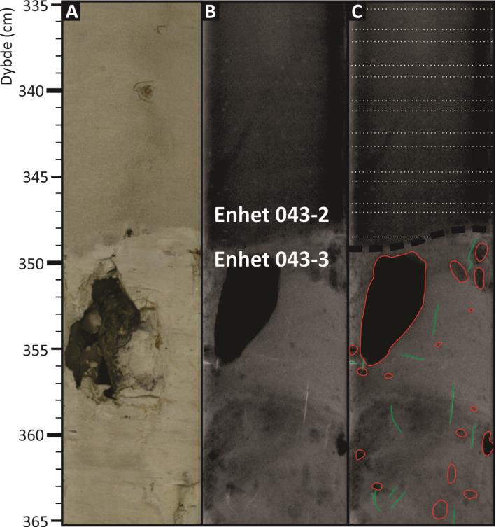 Figur 5.11: A) Sediment overflaten på fargebilder. Viser enhetsgrensen mellom 043-3 og 043-2. B) Røntgenbilde av grensen.
