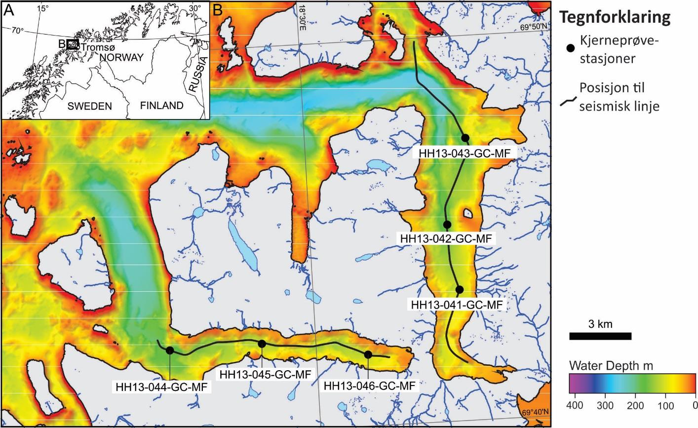 Figur 6.11: A) Lokaliseringen av Ersfjorden og Kaldfjorden i nordlige Skandinavia. B) Posisjonen til kjerneprøvestasjoner og seismisk linje i Kaldfjorden, og nabofjorden Ersfjorden.