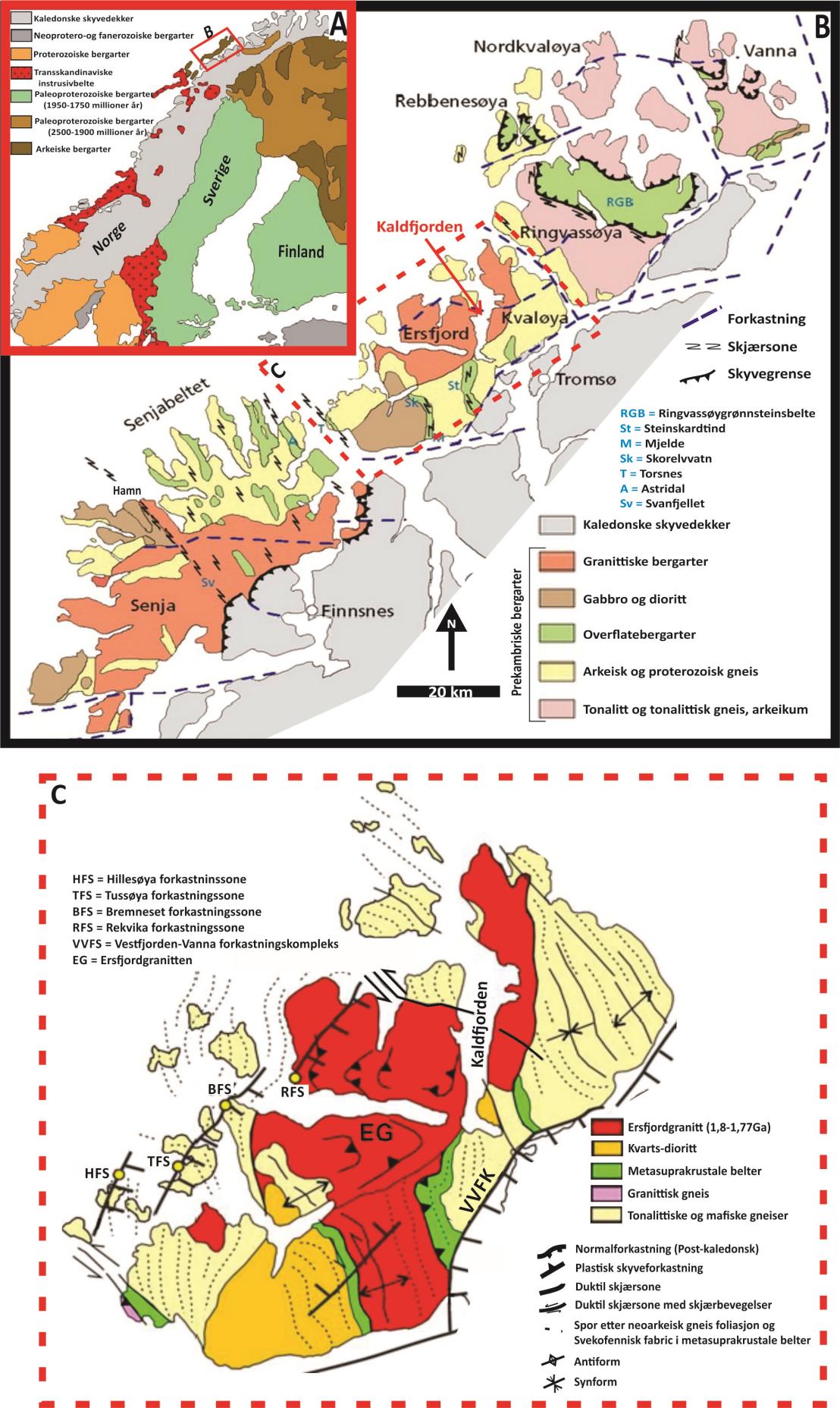Figur 2.2: A) Forenklet geologisk kart over det Fennoskandiske skjold. B) Oversiktskart med hovedtrekkene i berggrunnen fra Senja i sørvest til Vanna i nordøst.