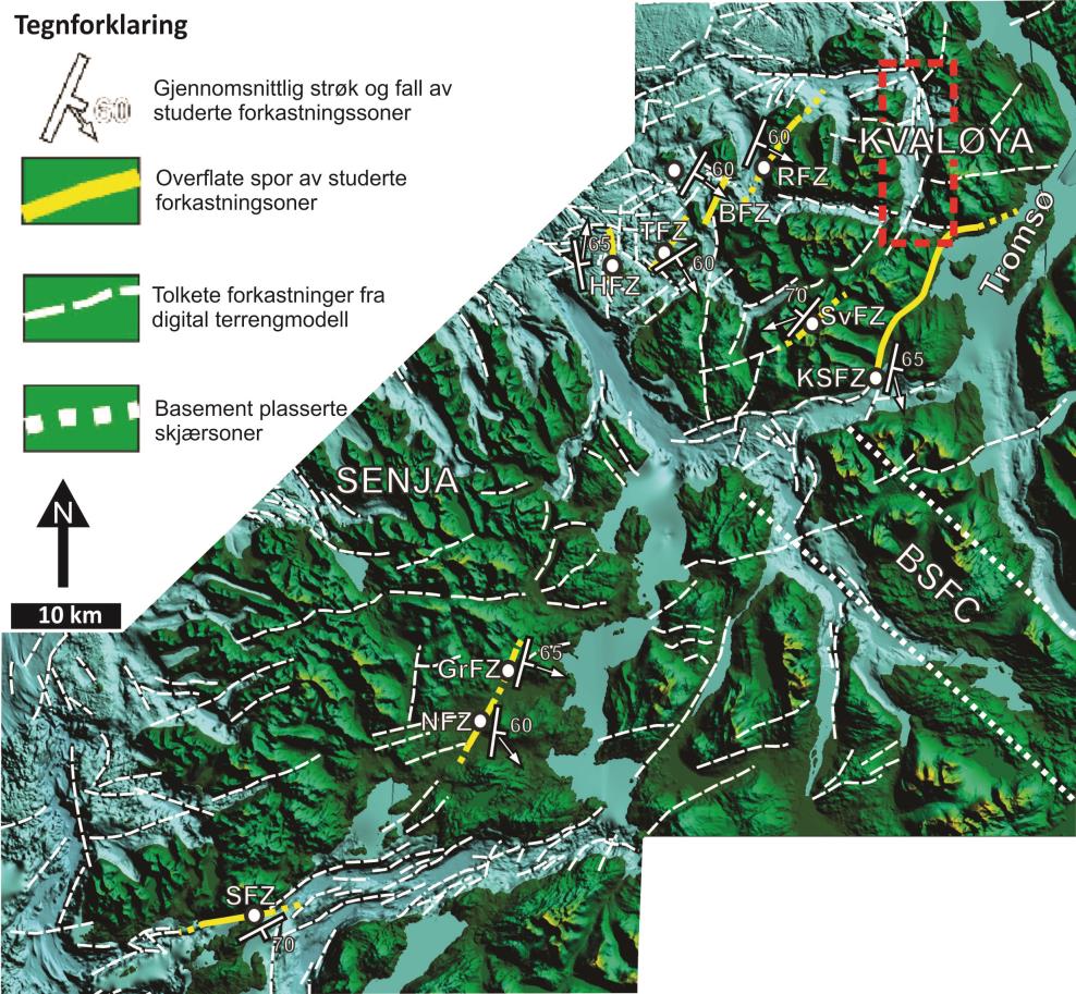 Vest-Troms gneisregion avgrenses mot øst av et stort nordøst-sørvest orientert forkastningssystem, Vestfjord-Vanna forkastningskompleks.