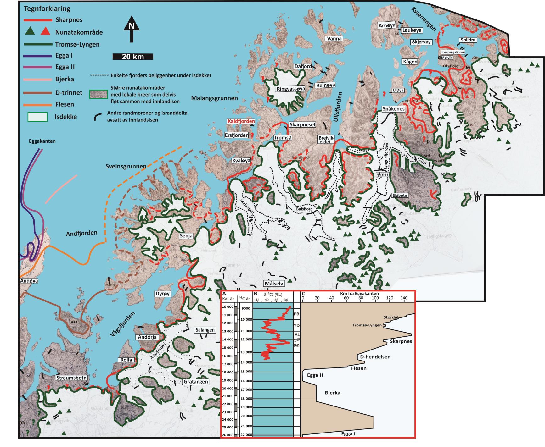 Figur 2.8: Kartet viser brefrontens posisjon under israndtrinnene Skarpnes og Tromsø-Lyngen, i tillegg til øvrige registrerte israndtrinn i Troms.