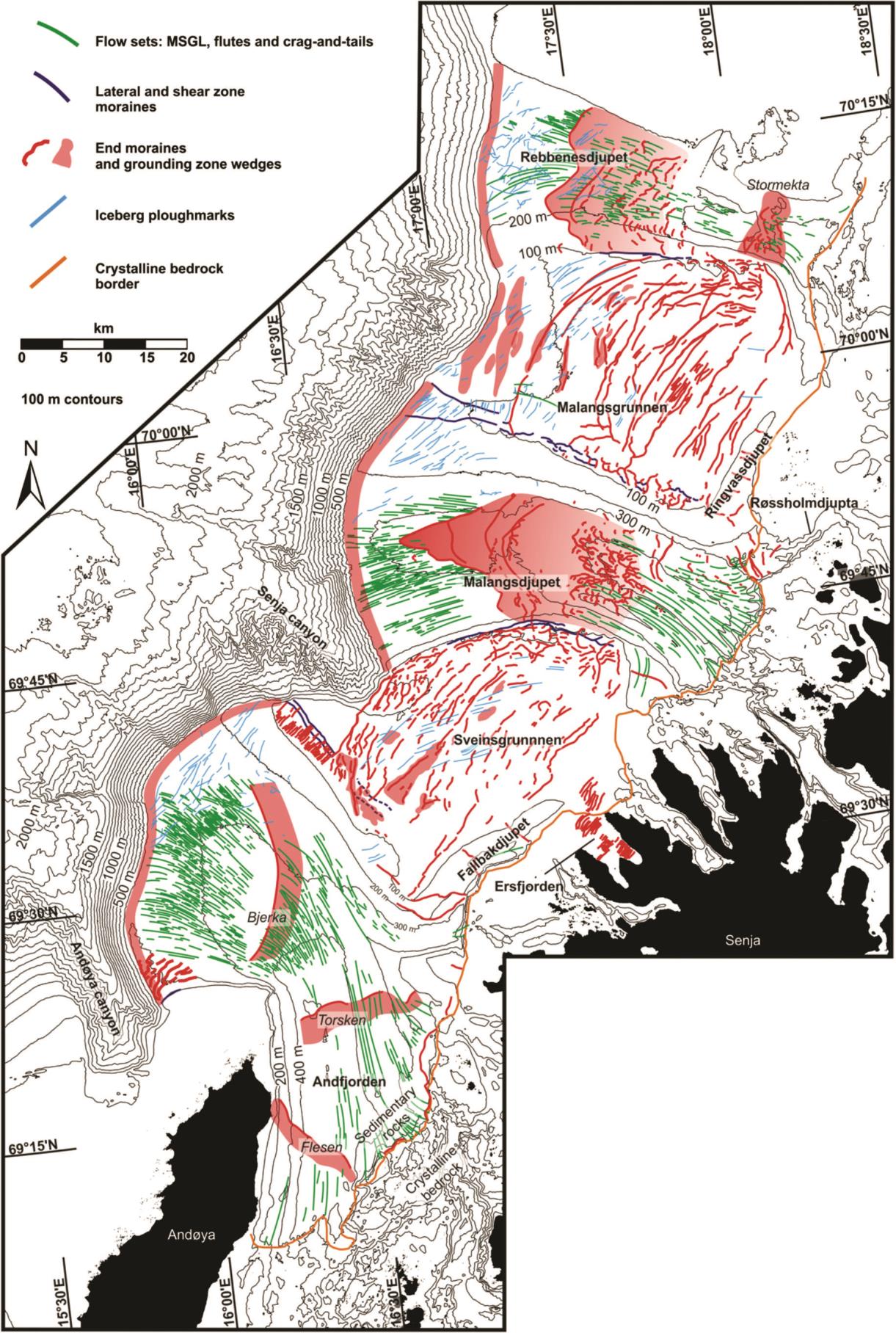 Figur 2.9: Geomorfologisk oversiktskart over glasiale landformer på kontinentalsokkelen utenfor Troms.