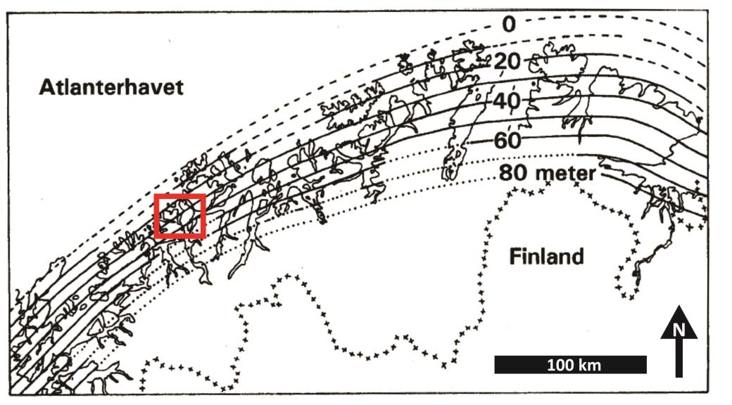 Troms, inkludert Kaldfjorden på rundt 30 moh (Fig. 2.13). Dette skyldes at isen var tynnest ute på kysten og dermed var heving minst. I de indre delen av fylket er marin grense på 80 moh.