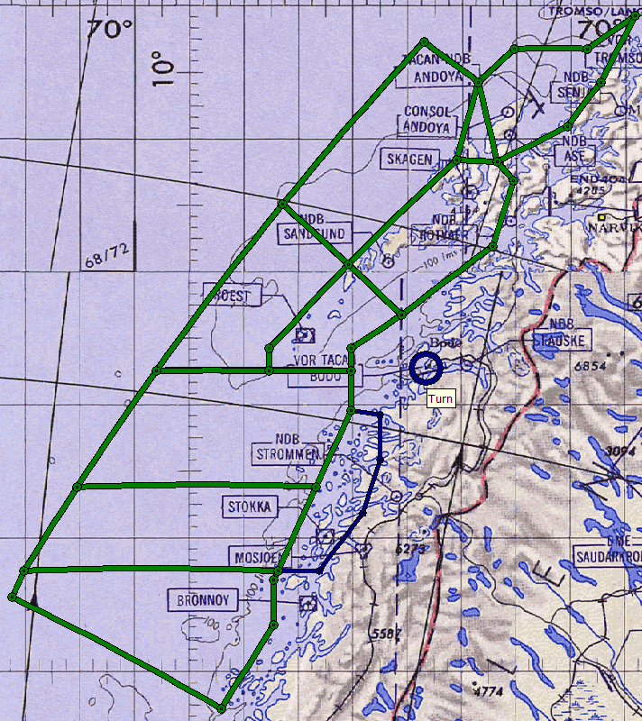 6.4.3.4 Luftrom over sjø innenfor 120 nautiske mil fra Bodø Oversikt over treningsområder over sjø innenfor 120 nm fra Bodø: (Bodø angitt med blå sirkel, treningsområder angitt med grønne linjer.