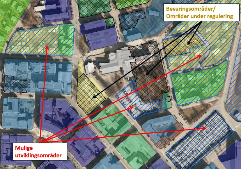Veileder for fortettingsanalyser i knutepunktsområder 18 Figur 9 Kartlegging av mulige utviklingsområder i Hamar sentrum.