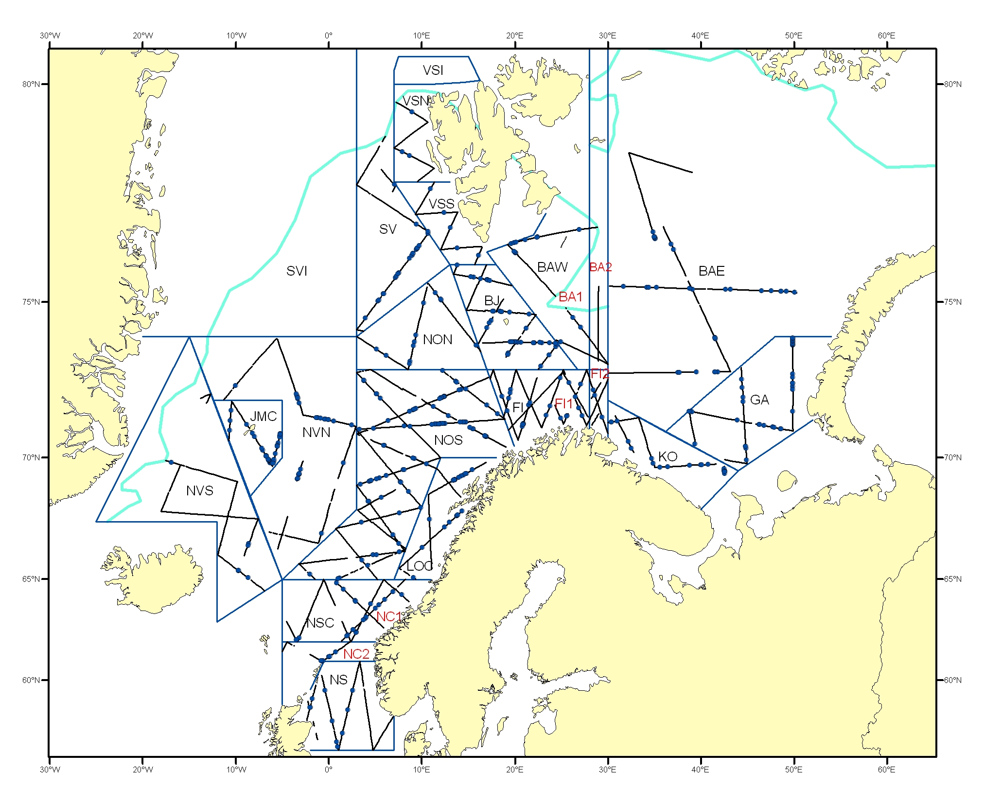 Figur 4.1: Vågehval i Nordøstatlanteren fra en undersøkelse utført i perioden 2002-2007. Området er delt inn i 18 surveyblokke, skilt med blå linjer.