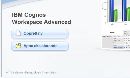Cognos Workspace Advanced Det enkleste rapportverktøyet Blank = definere arbeidsområde selv. Krysstabell eller diagram er «maler» med ferdige arbeidsområder.