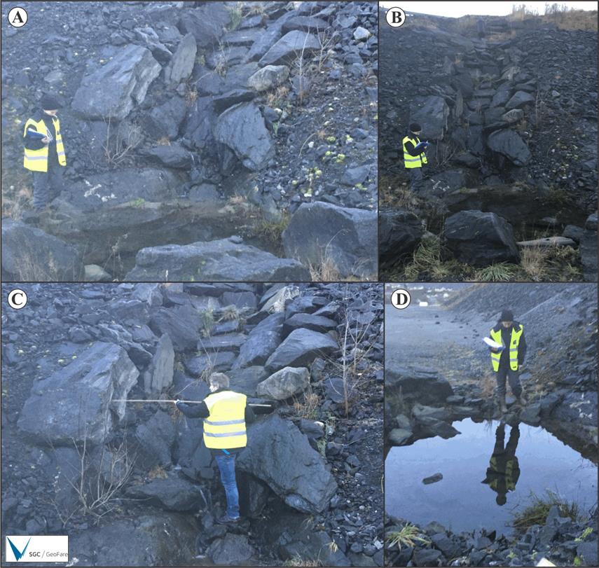 Figur 7: Bilda viser gjennomføringa under fylkesveg 57 (bilde B) med ein anslått rørdimensjon på 320 mm. Nedanfor er del laga eit steinsett bekkeløp med dimensjon på ca.