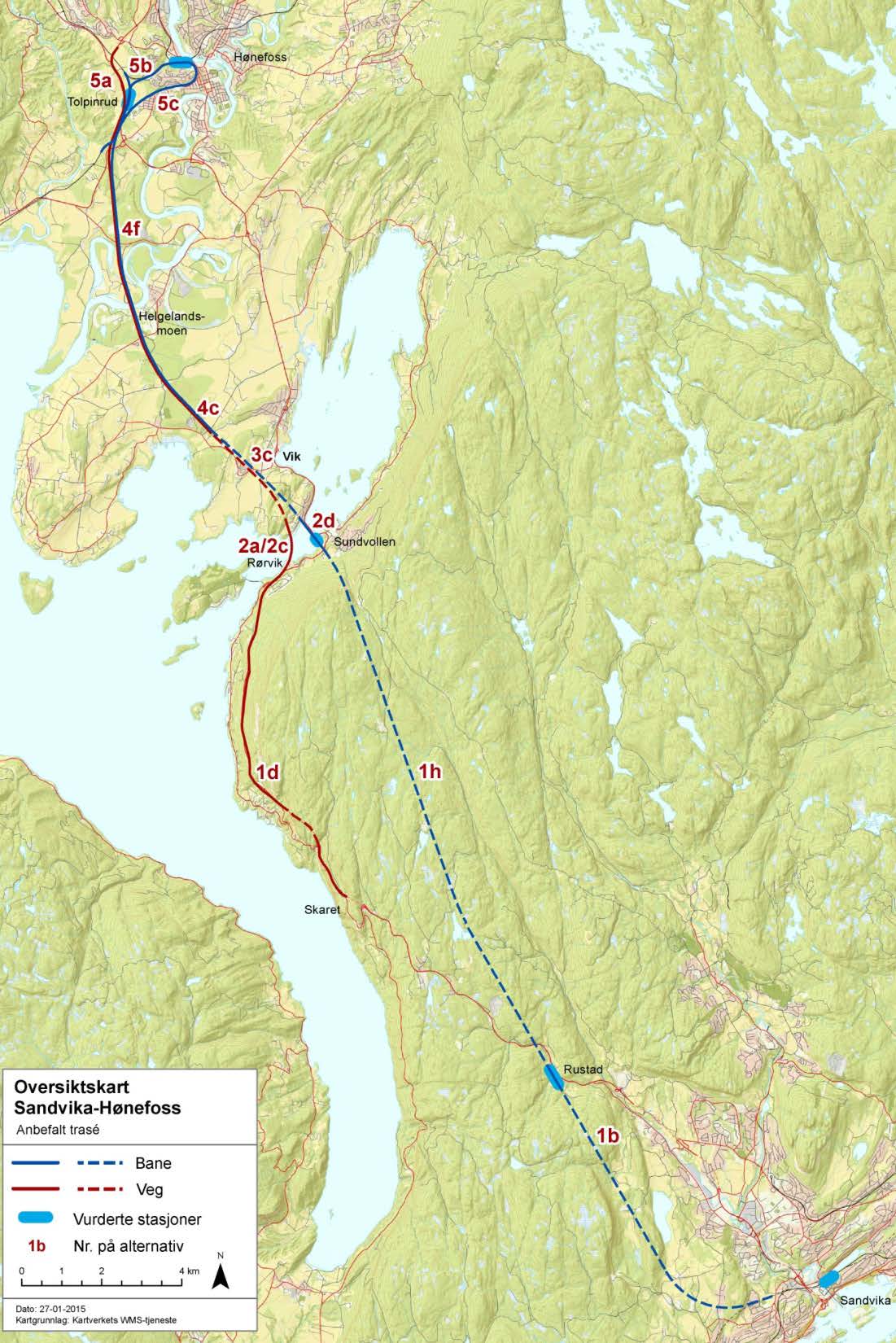 Anbefalt alternativ i silingsrapporten i januar 2015 Trasé via Helgelandsmoen Stopp: Sundvollen Hønefoss (Rustad) Vegkryss: Rørvik/Elstangen (halvt) Helgelandsmoen
