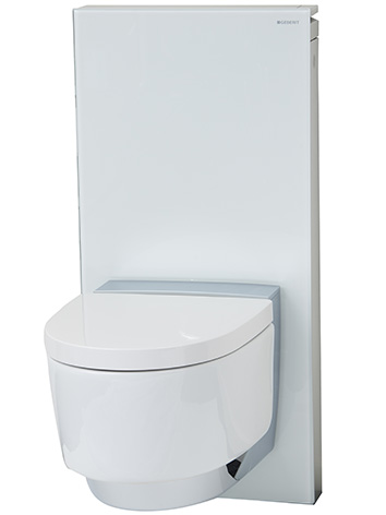 Toalettskål VVS Elegant cisterne i hvitt glass og børstet aluminium med veggskål i porselen. Med quick release-funksjonen kan setet enkelt tas av for å lette rengjøringen.