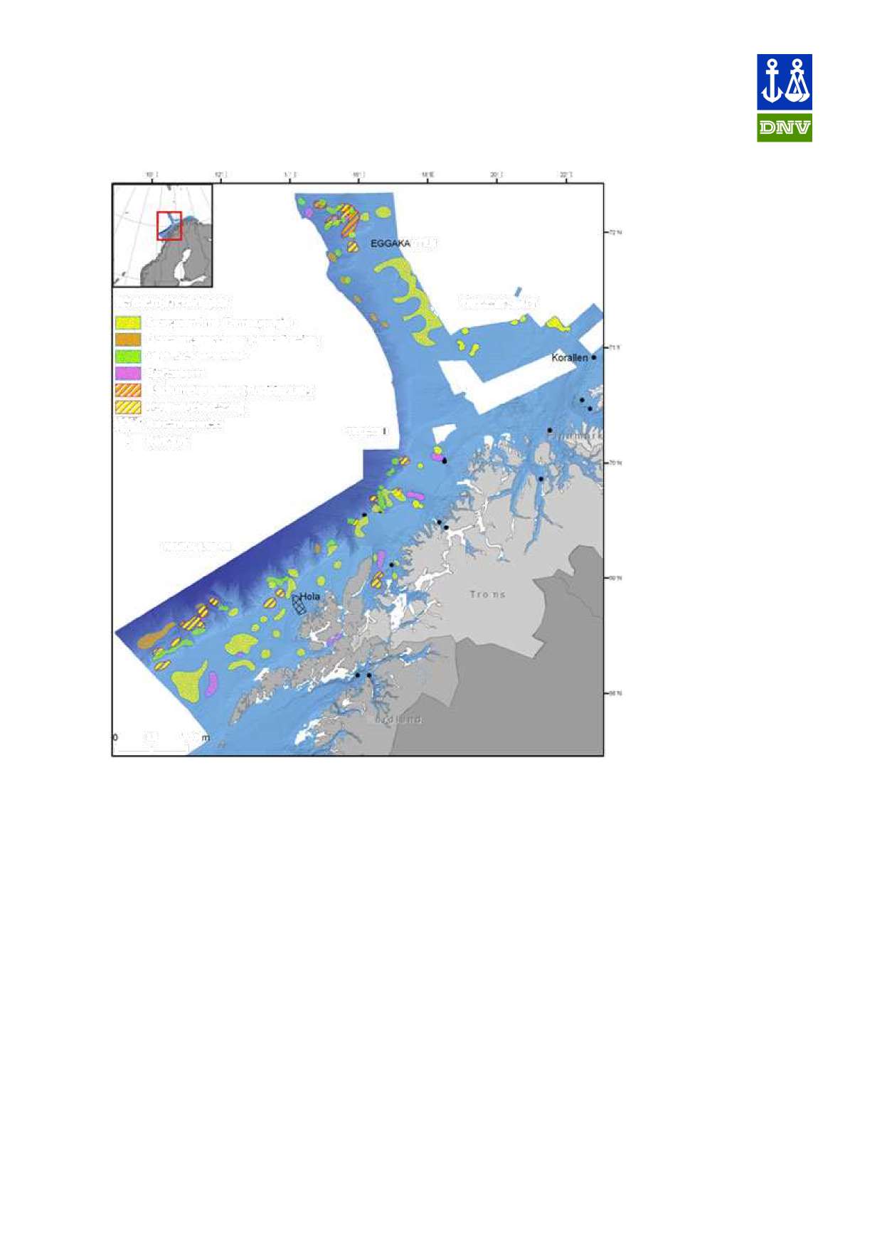 Figur 3-1 Oversikt over utbredelse av sårbare naturtyper innen MAREANOs kartleggingsområde. Området sør-øst for Tromsøflaket, Troms III var ikke kartlagt på tidspunktet da dette kartet ble laget. 3.2 Metodikk DNV har standardisert en metode for å logge observasjoner fortløpende under visuelle undersøkelser med ROV, eller ved avspilling av videomateriale fra slike.