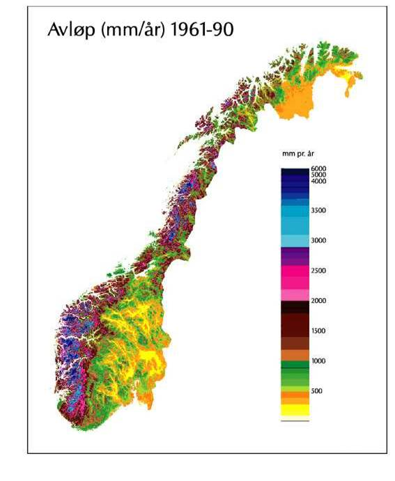 Normalavløp for perioden 1961-1990 Avrenningskart for Norge Normalavløpet (gjennomsnitt