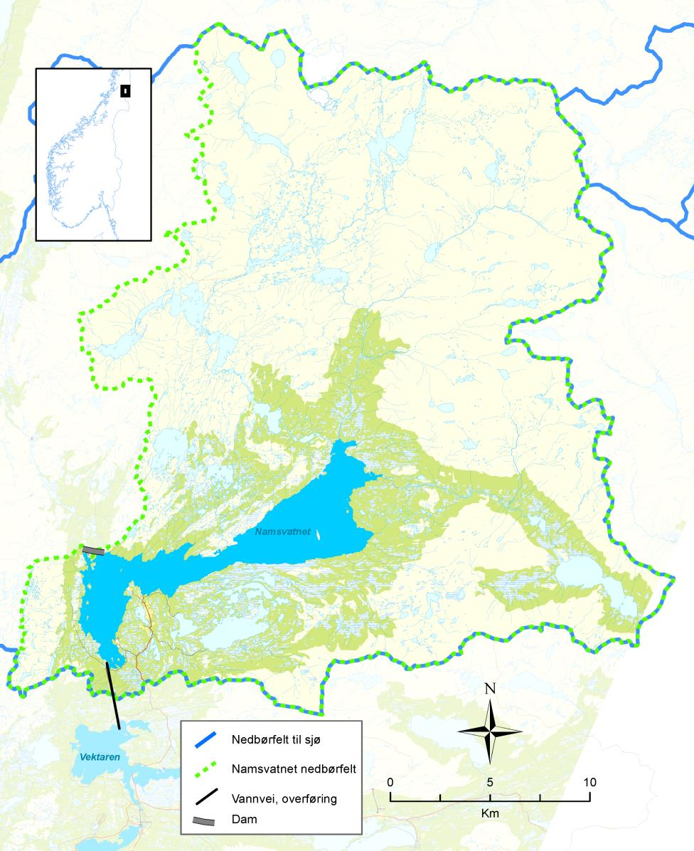 2 NAMSVATNET Namsvatnet (Sørvatnet, Midtivatnet og Østvatnet) ligger i Røyrvik kommune i Nord-Trøndelag. Magasinet har vært regulert siden 1952 med 1 meter senkning og 13 meter heving.