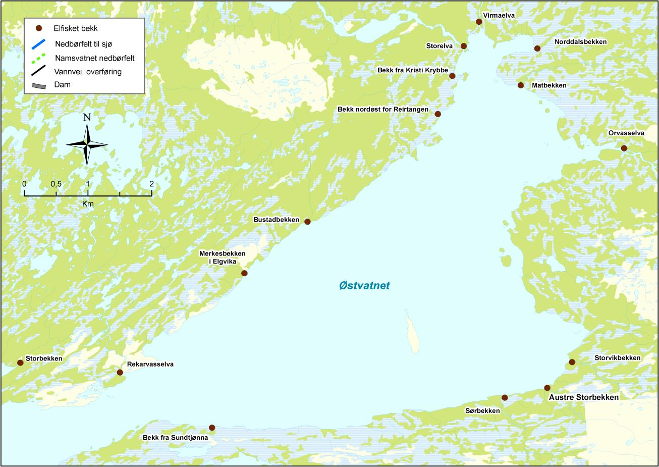 Figur 4.6.3. Oversiktskart over Østvatnet. Potensielle gytebekker er markert. Storelva er stor og stri, og renner i bratte fossestryk helt ned mot innsjøen.