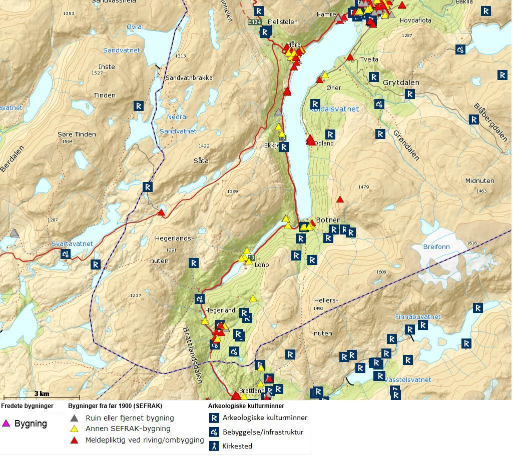 Rv. 13 Brattlandsdalen, Hordaland grense - Håra, strekningsanalyse 12 Figur 5. Registrerte kulturminner på den aktuelle strekningen. Kjelde: Miljøatlas.