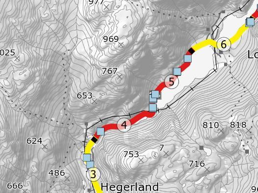 Rv. 13 Brattlandsdalen, Hordaland grense - Håra, strekningsanalyse 20 Parsell: 2 Hegerland - Nedre Lonavatn Km 3,0 5,5 Prosjektskildring Vegstandard: Profil 2800 3450 Profil 3450 5200 Tiltak: Bygd i