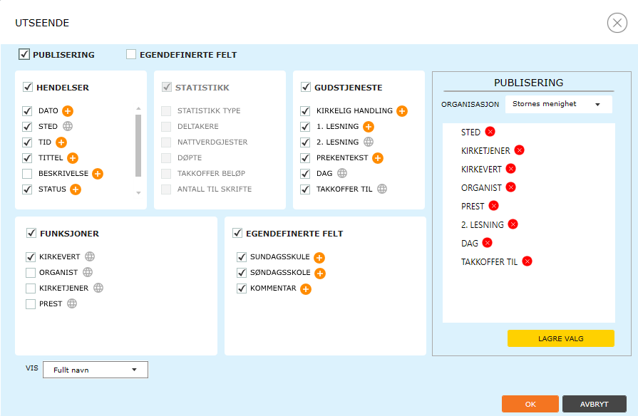 Her styrer du hvilke felter og i hvilken rekkefølge detaljer om gudstjenesten skal publiseres til nettsidene: - Velg organisasjon øverst i listen til høyre (dersom du er Administrator i mer enn EN