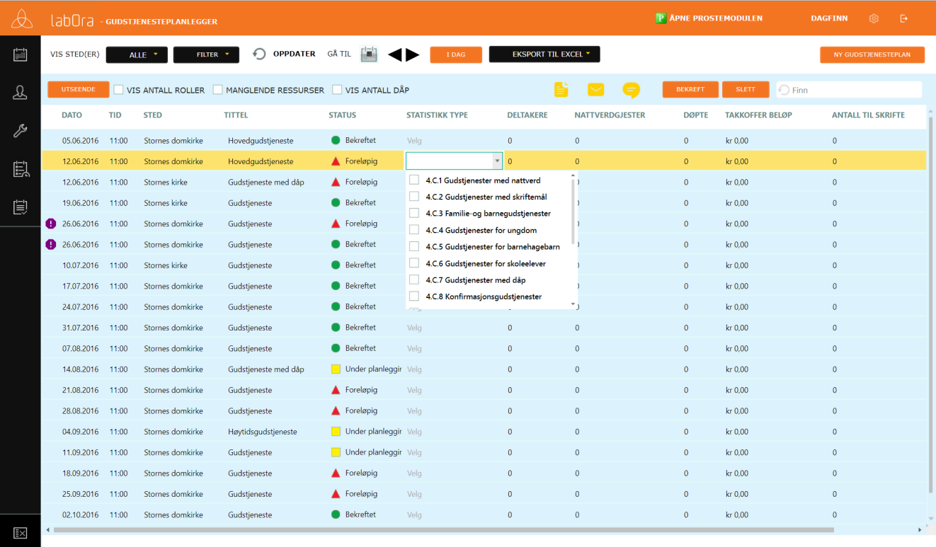 8. Statistikk LabOra Gudstjenesteplanlegger gir mulighet for registrering av alle nødvendige data til den kirkelige statistikk.