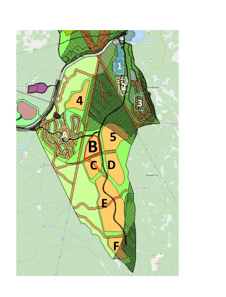 Oversiktskart Områderegulering Forholdet til områdeplanen I områdereguleringsplan for hyttefelt Lygna sør er feltene nummerert A F (Lygnalia Grunneierlag) og 1 5 (Brandbu og Tingelstad Almenning).
