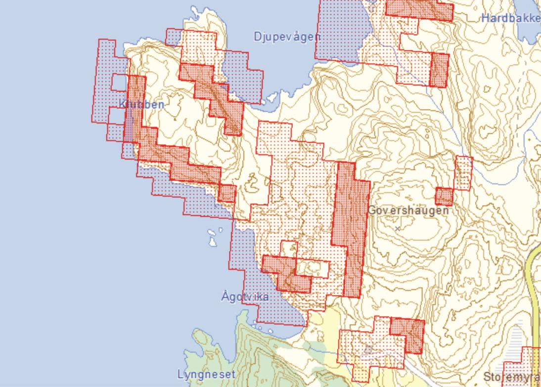 Figur 6: Aktsemdskart for steinsprang ved Klubben i Solund. Potensielle kjeldeområder er merka av med mørkegrått, medan modellerte utløpsområder er merka av med lysegrått.