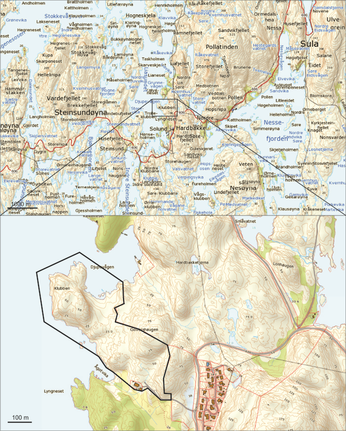 KAPITTEL 1 OMRÅDESKILDRING 1.1. Plassering Det undersøkte området, ligg ved Liasundet i Solund kommune, omtrent ein kilometer nord for Hardbakke sentrum.