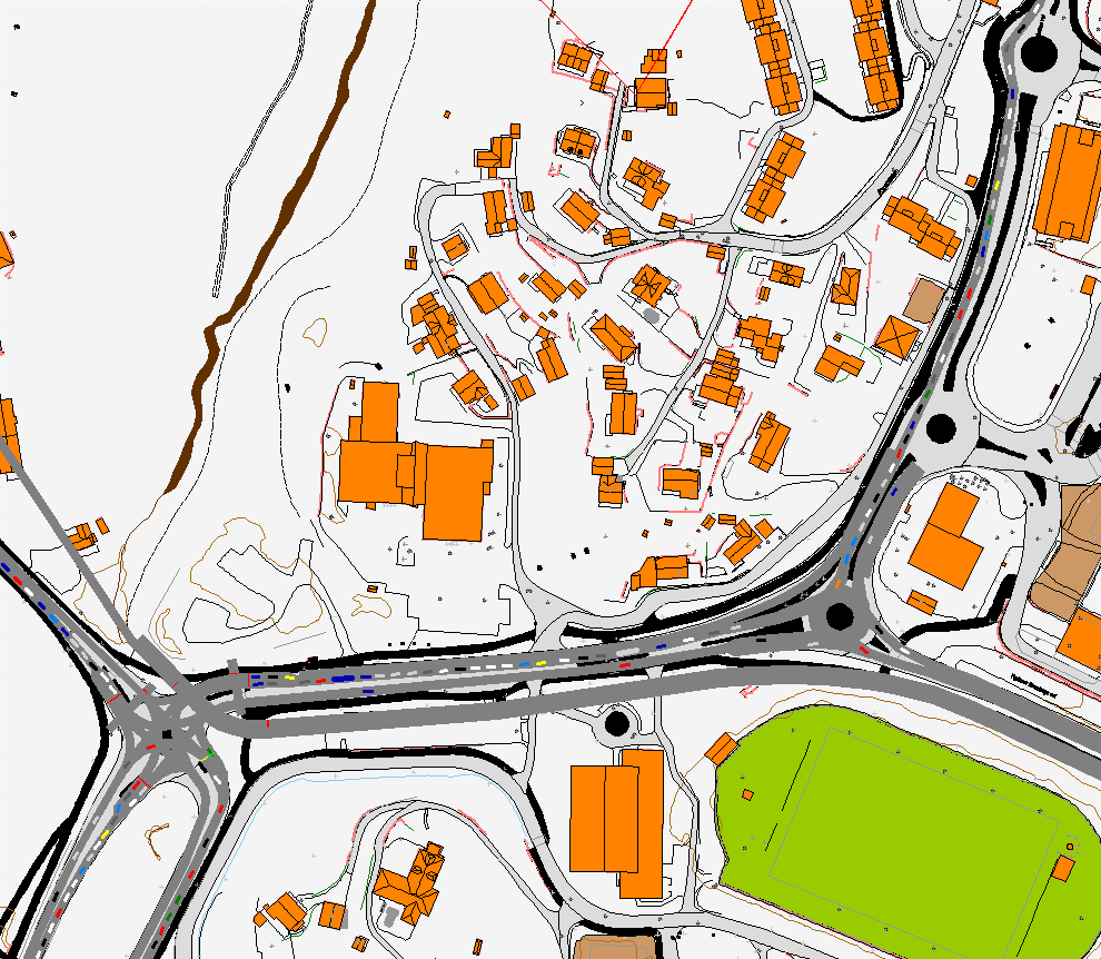 Figur 43 og figur 44 viser skjermbilde av ettermiddagsrushet. Figur 43. Skjermbilde av simulering for kryssområdene syd i Fyllingsdalen i ettermiddagsrushet.