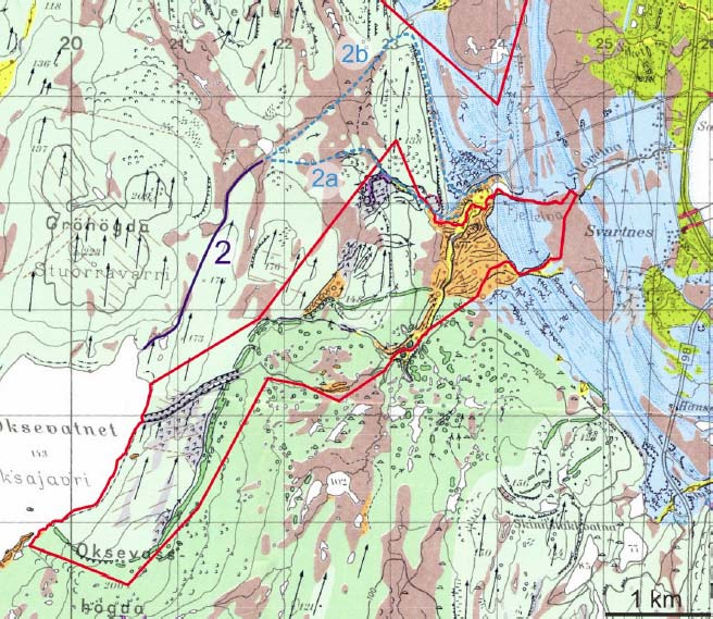 6.2 ALTERNATIV 2: TRASÉ FRA OKSEVATNET NORD FOR LANDSKAPSVERNOMRÅDET Beskrivelse Traséen er lagt over et passområde (ca.170 175 m o.h.) nordøst for Oksevatnet (figur 14).