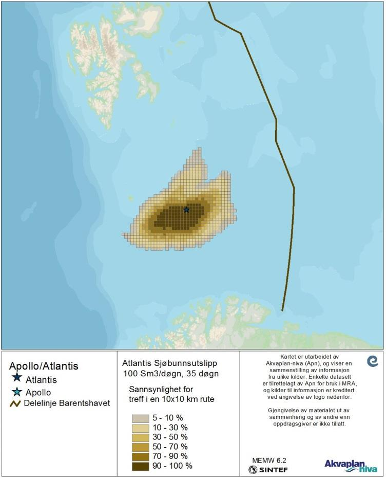 Figur 3-2 Sannsynlighet for treff av olje på overflaten med mer enn 1 tonn i en 10x10 km rute for sjøbunnsutslipp, 100 Sm 3 /døgn utblåsningsrate og varighet nærmest vektet varighet.