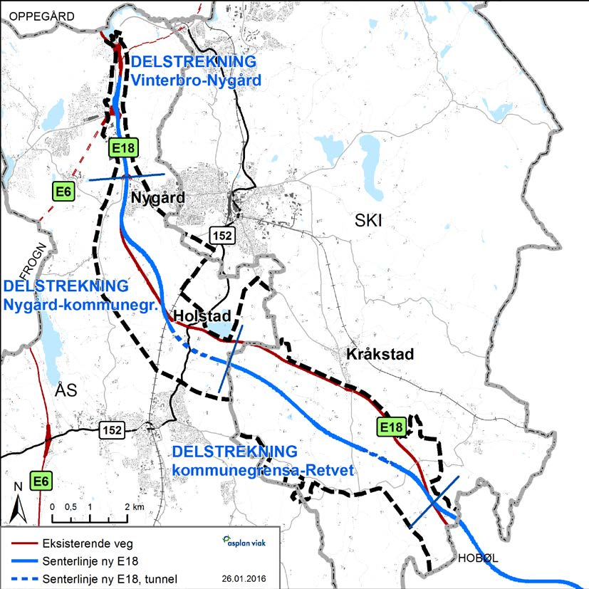 Planbeskrivelse Ski kommune 10 I tillegg til at planen omfatter to kommuner, er veistrekningen E18 Retvet - Vinterbro delt inn i tre delstrekninger.