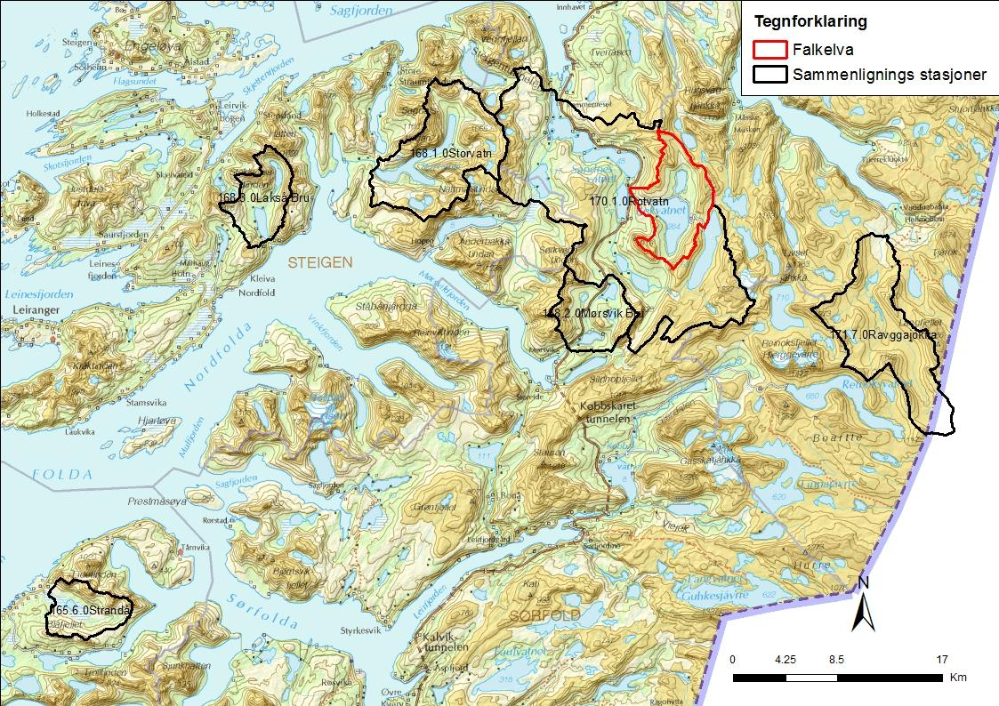 Figur 2. Kart over målestasjoner i området (sort) og nedbørfeltet til Falkelva (rødt). Tabell 2. Feltkarakteristika for aktuelle sammenligningsstasjoner. Stasjon Måleperiode Feltareal (km 2 ) Eff.