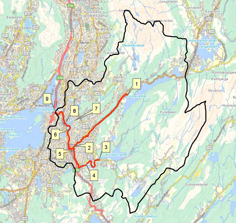 1. Beskrivelse av oppgaven Flomsonekart skal konstrueres for flomutsatte elvestrekninger i Nesttunvassdraget i Bergen kommune i Hordaland som en del av NVEs Flomsonekartprosjekt.