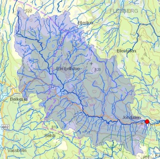 5 Jondalselva 5.1 Flomberegning 5.1.1 Beskrivelse av nedbørfelt Jondalselva drenerer østover gjennom Jondalen i Notodden og Kongsberg kommune og har sin kilde i de sørøstlige delene av Blefjell.