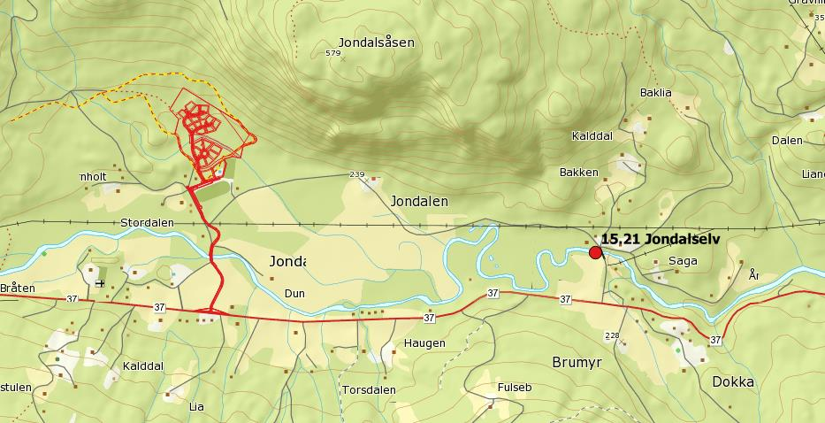 5.1.2 Aktuell målestasjon 2 kilometer nedstrøms planområdet i Jondalselva ligger målestasjonen 15.21 Jondalselv. Lokasjon er vist på figur 3.