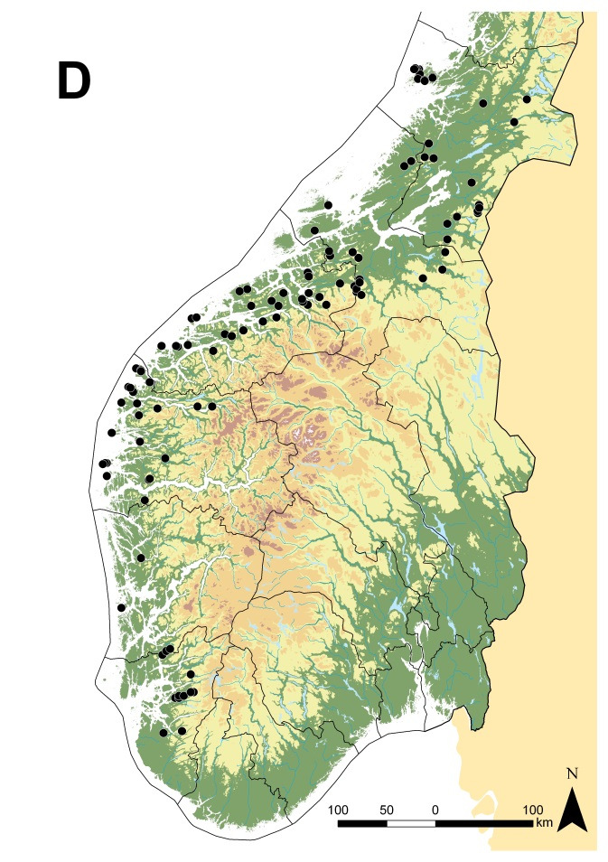 Figur 3. Lokaliteter fra myrreservatplanen med atlantisk høgmyr (B) og terrengdekkende myr (D) i Sør-Norge.
