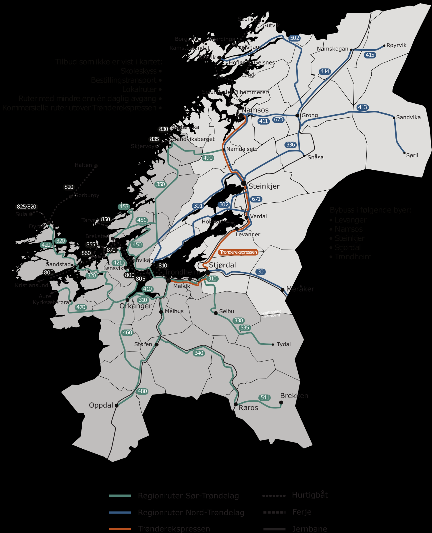 5.1.4 Rutekart over dagens kollektivtilbud i Trøndelag Figur 11: Fylkeskommunalt tilbud med regionruter (buss), hurtigbåt og ferge i Sør-Trøndelag