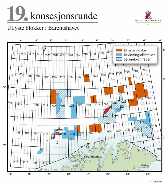 tilrettelagt gjennom en aktiv tildelingspolitikk 64 blokker annonsert i Barentshavet og Norskehavet