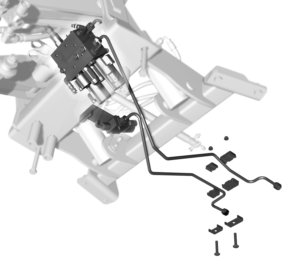 4 Montere de hydrauliske slangeenhetene Deler som er nødvendige for dette trinnet: 1 Rørklemme 1 Plate 1 Rørklemme 1 Plate 2 Låseskrue 2 Flensmutter 1.