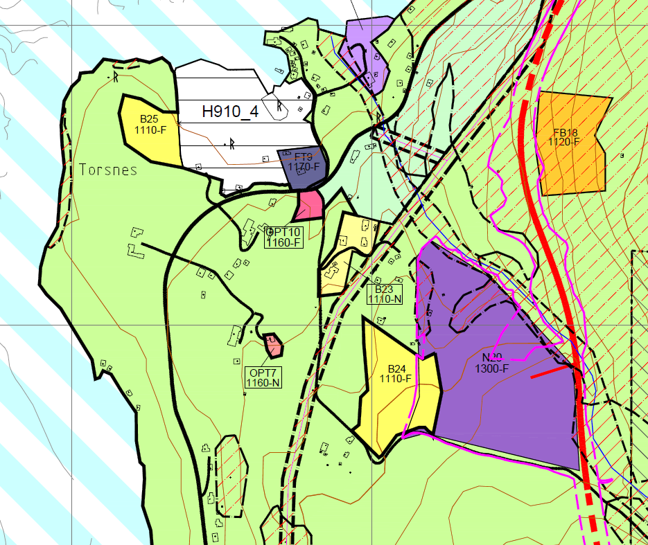 Utsnitt av kommunedelplan for Torsnes, vedteken av kommunestyret 19.12.2012 som endrar arealbruken for området til næringsføremål.