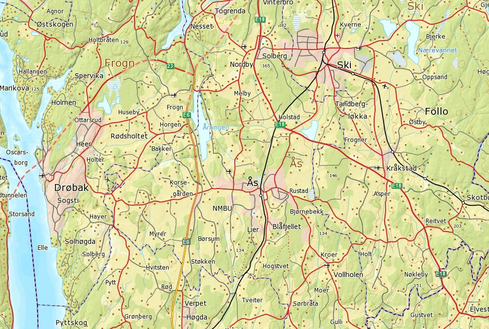 Figur 4-1 Kart over Ås kommune med omegn. Planområdet er indikert med rød ring. 4.2 Naturtyper og amfibier Det er i lokalt influensområde inntil nylig registrert 5 amfibiedammer.