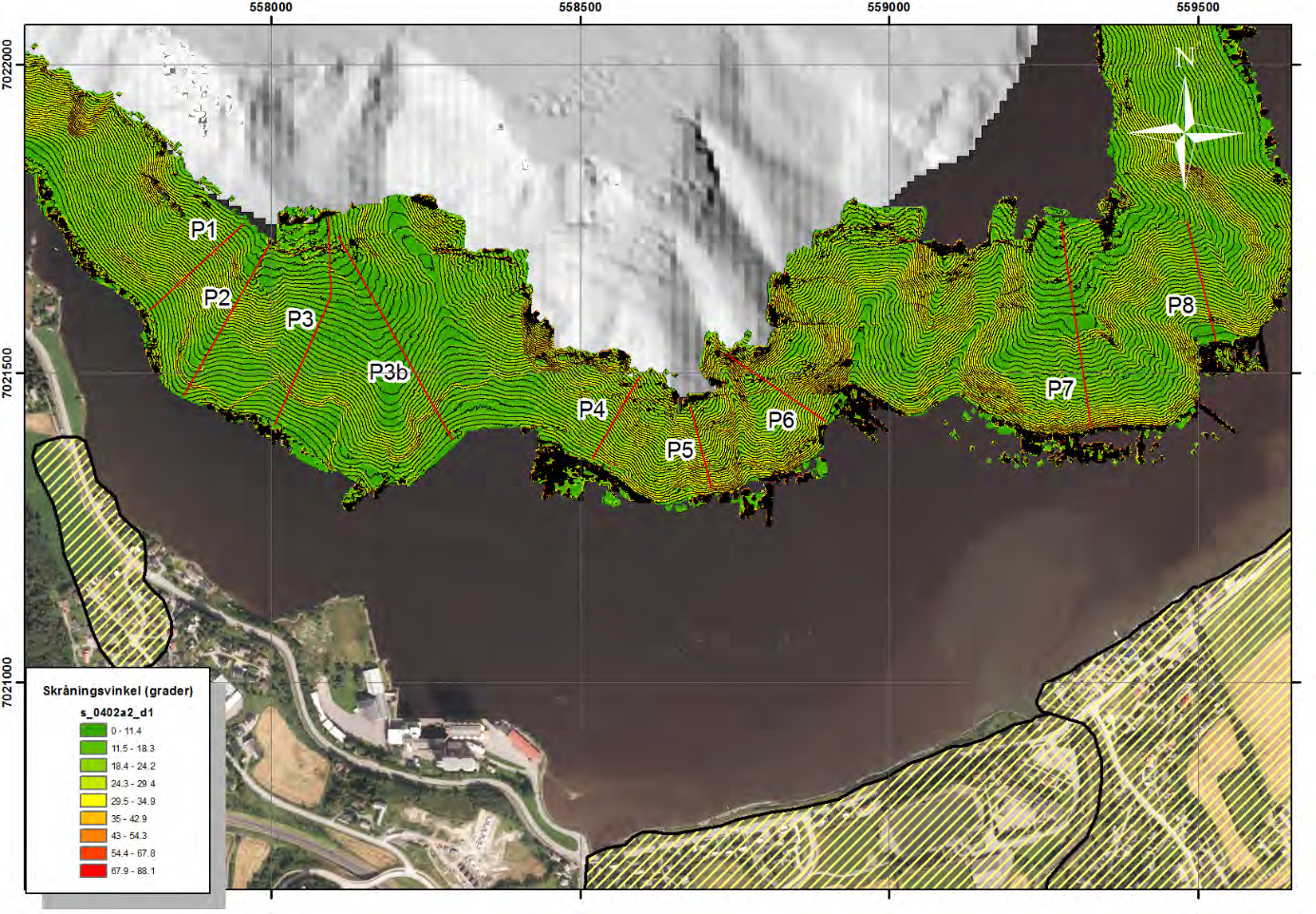 Vedlegg N, side 3 Figur N3: Kart over skråningsvinkel utenfor kvikkleiresonene Saltnes, Ølsholm og Buvik Kirke, Skaun kommune.