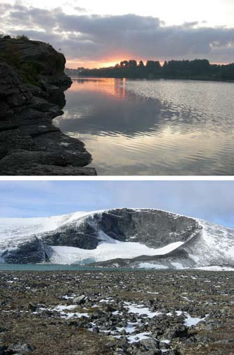 a b Fig. 1. Innsjøer nær endepunktene for bioklimatisk sonevariasjon i Norge. (a) Hålandsvatnet (Randaberg, Rogaland), 8 m.o.h., ligger i boreonemoral sone.