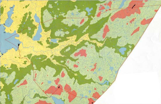 Fig. 2. Inndeling av Verdal kommune i Nord- Trøndelag i vegetasjonssoner (økoklinen BS). Fargene skiller vegetasjonssonene: gul sørboreal, mørkegrønn mellomboreal, lysegrønn nordboreal, rød lavalpin.