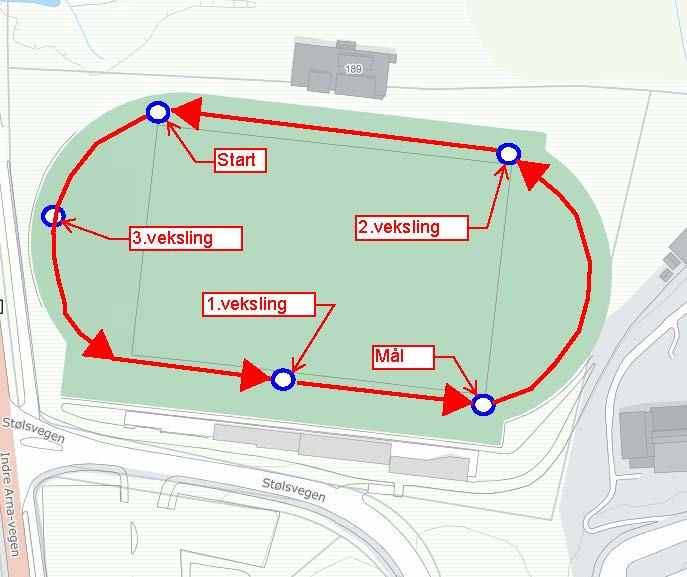 FRISTAFETTEN 2016 Side: 6 av 6 LØYPE REKRUTT MIKS 4 ETAPPAR: 1.etappe 2.etappe 3.etappe 4.etappe 150m Baneløp med start frå 200m startstreken til 1.