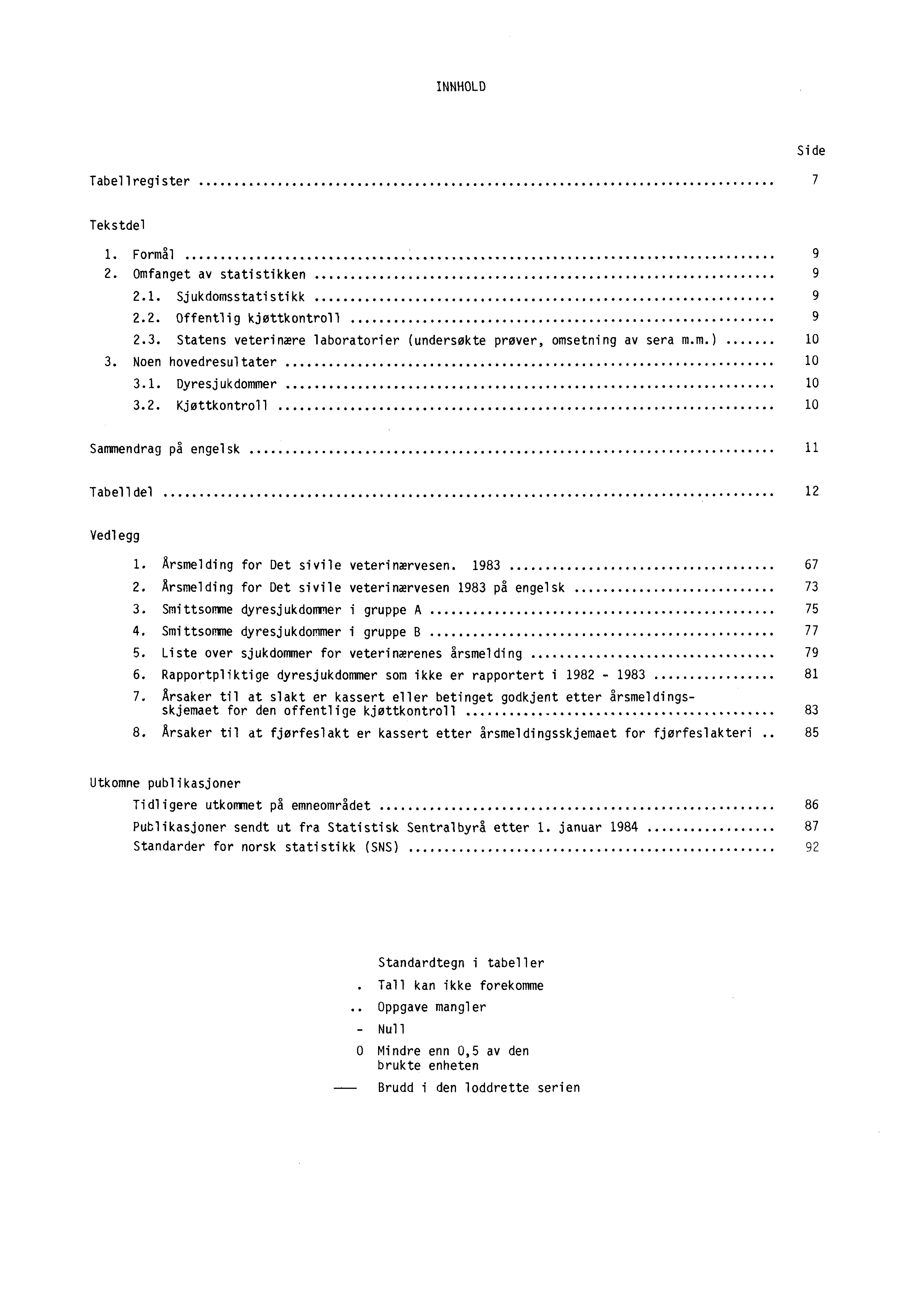 INNHOLD Tabellregister 7 Side Tekstdel 1. Formål 2. Omfanget av statistikken 9 2.1. Sjukdomsstatistikk 9 2.2. Offentlig kjøttkontroll 9 2.3.