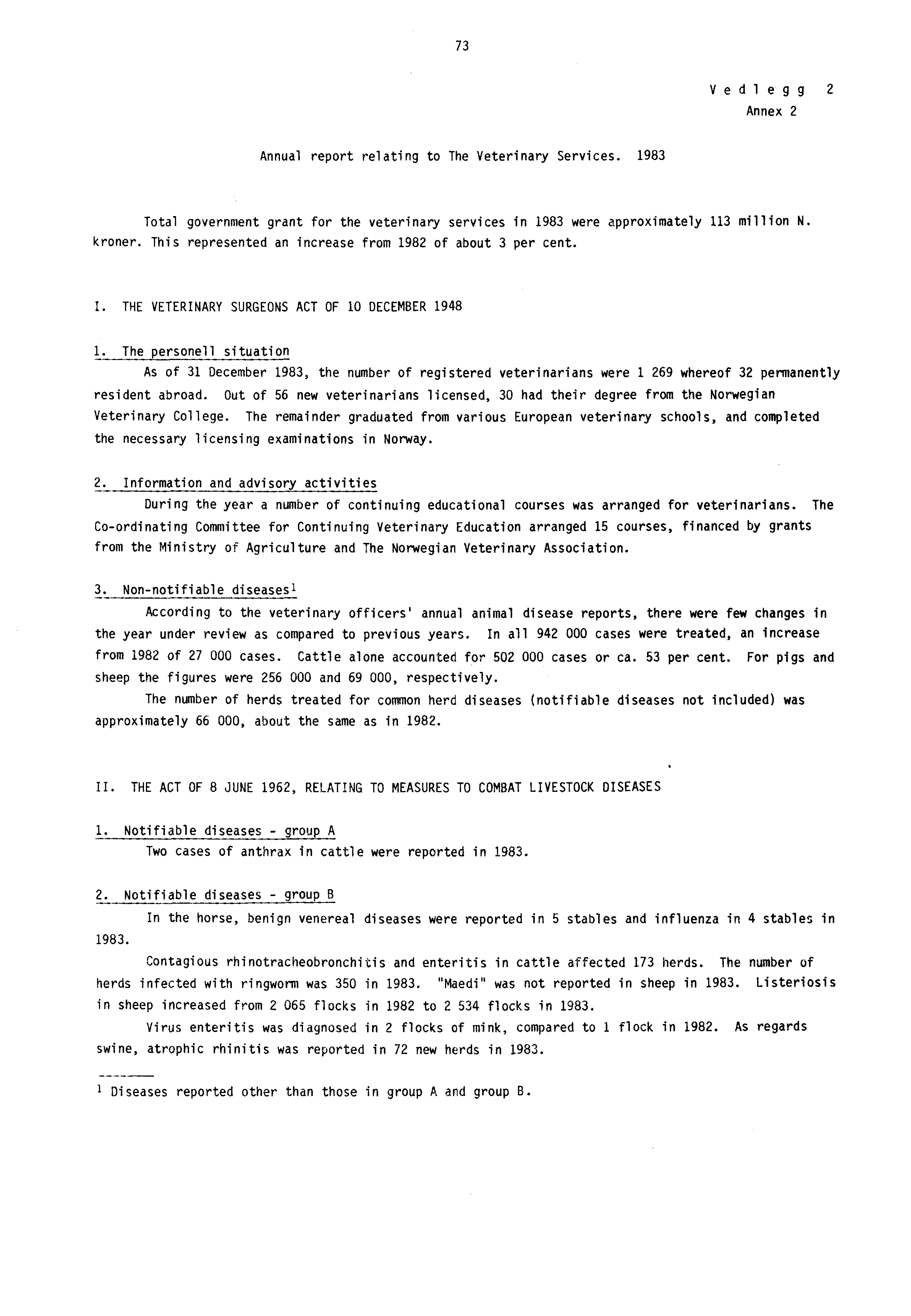 73 Vedlegg 2 Annex 2 Annual report relating to The Veterinary Services. 1983 Total government grant for the veterinary services in 1983 were approximately 113 million N. kroner.