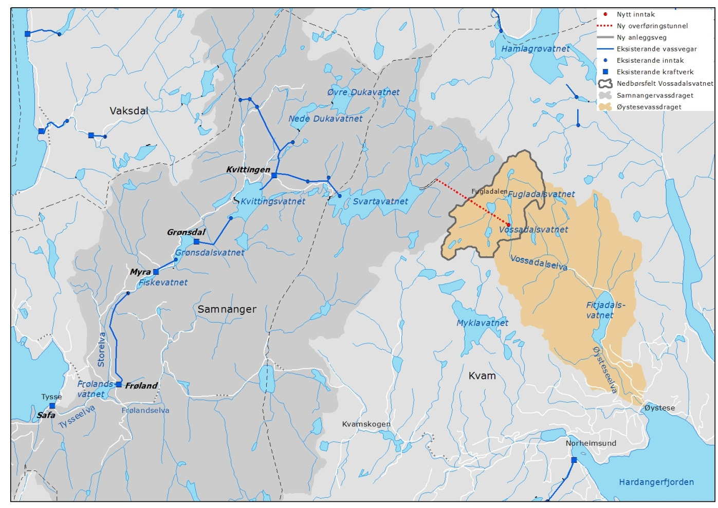 4 Tekniske planer 4.1 Om prosjektet BKK ynskjer å overføre om lag ein fjerdedel av nedbørsfeltet i Øystesevassdraget til regulert kraftproduksjon i BKK sine anlegg i Samnangervassdraget.